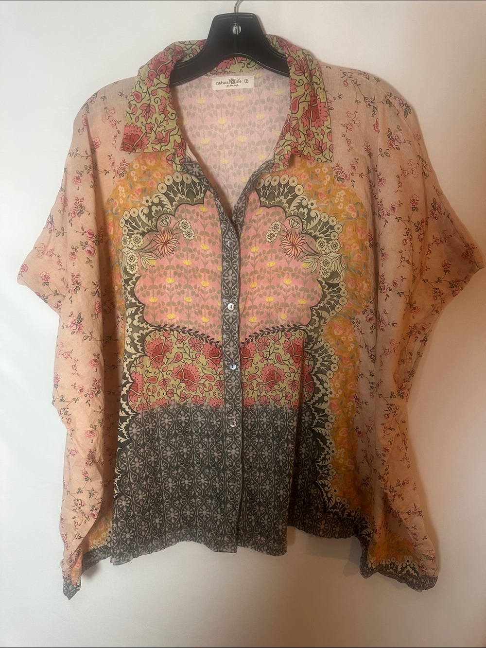 NATURAL LIFE Pink Multicolor Floral Patchwork Button-Down Blouse